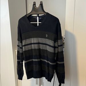 U.S. Polo Assn. Men's V-Neck Sweater - Navy and Charcoal Stripes